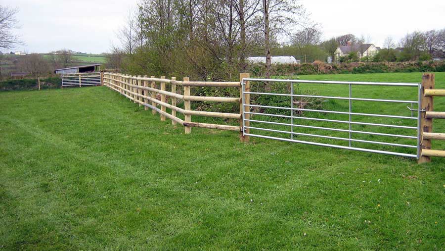 WOODEN POST AND RAIL PADDOCK WITH METAL BAR GATE